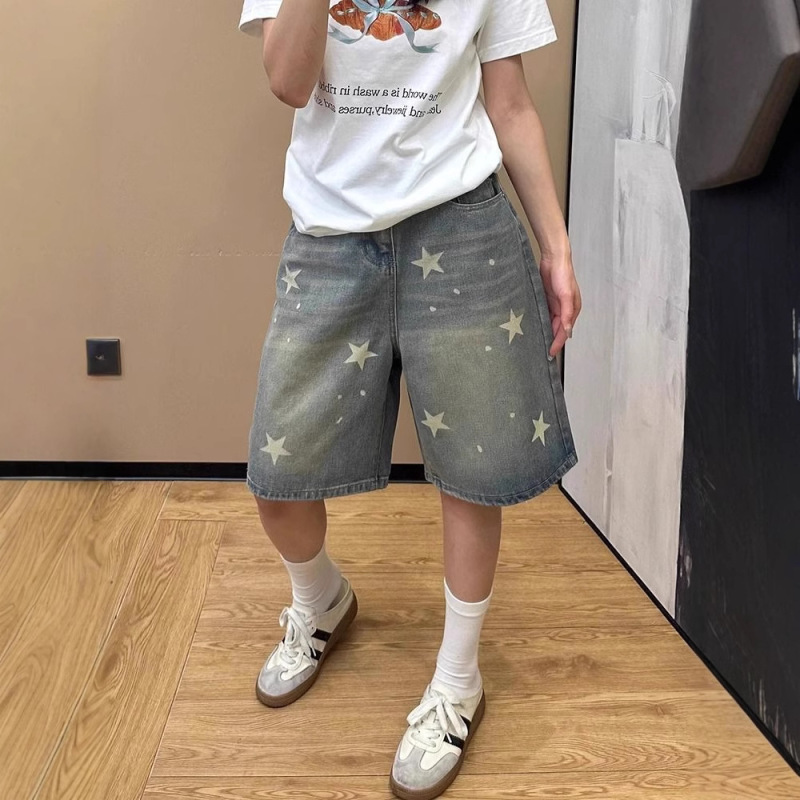 American Retro Star Print Wide-Leg Jeans for Women 2025 Summer New High-Waisted Slimming Five-Point Straight Mid-Length Pants
