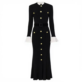 25144品质现货春秋新款长袖圆领腰带针织百搭修身显瘦长款连衣裙