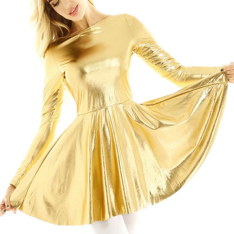 Solid Color Long-Sleeved High Waist Tight Patent Leather Dress NSHPH108851