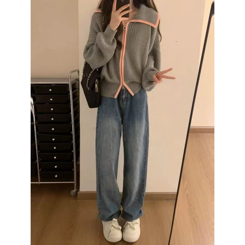 Весенний вязаный жакет, кардиган на молнии, свитер, oversized, для подростков