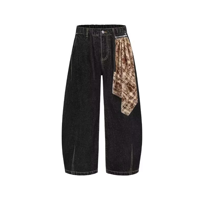American retro plaid scarf spliced with cleanfit jeans, unisex niche casual straight loose long pants, trendy