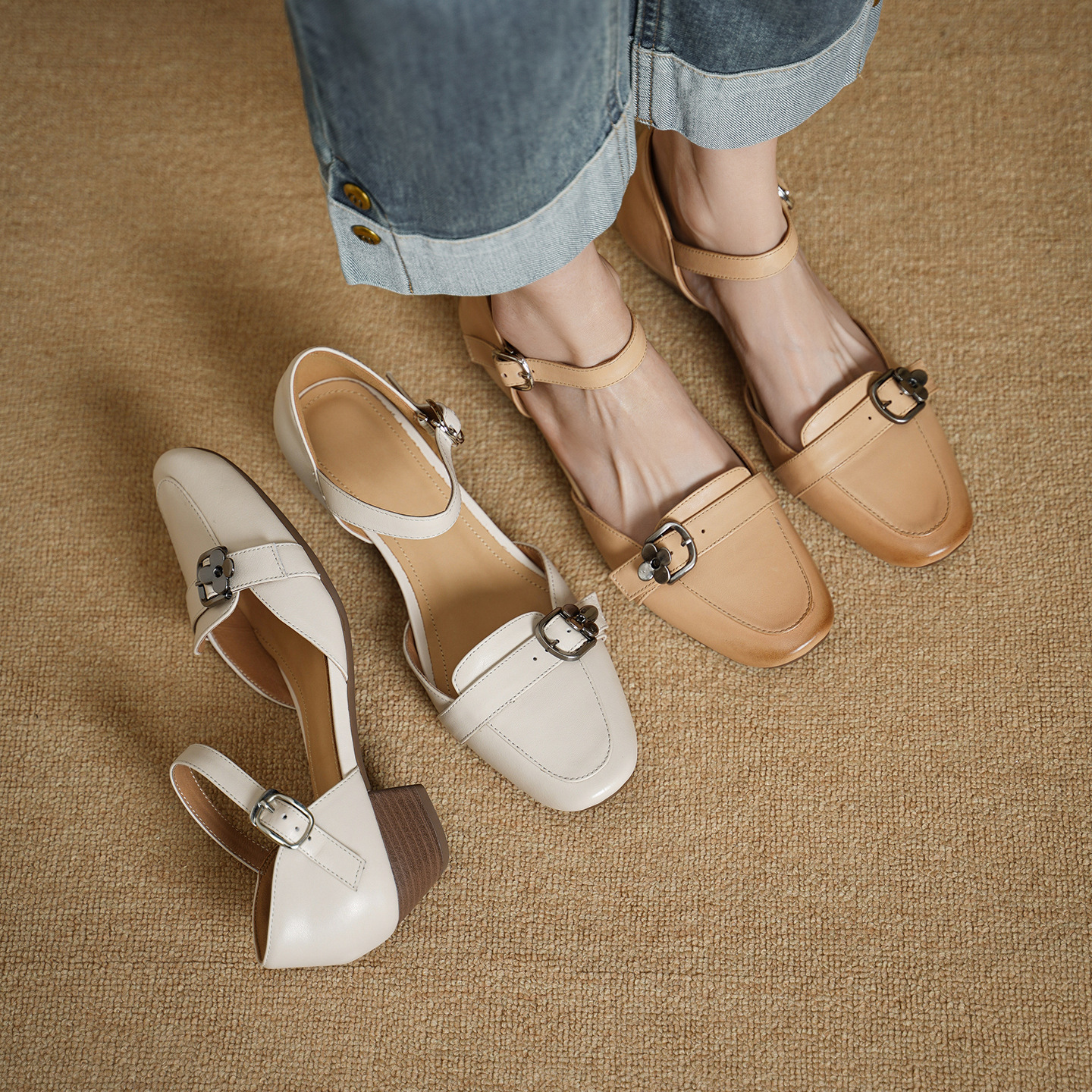 Sandal nữ gót thấp 3,5 cm đầu vuông quai ngang có khóa, phong cách thanh lịch — màu trắng ngà