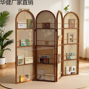Solid Wood Rattan Screen Partition French Mid-Century Living Room Home Movable Storage Rack Retro Japanese Folding Cover
