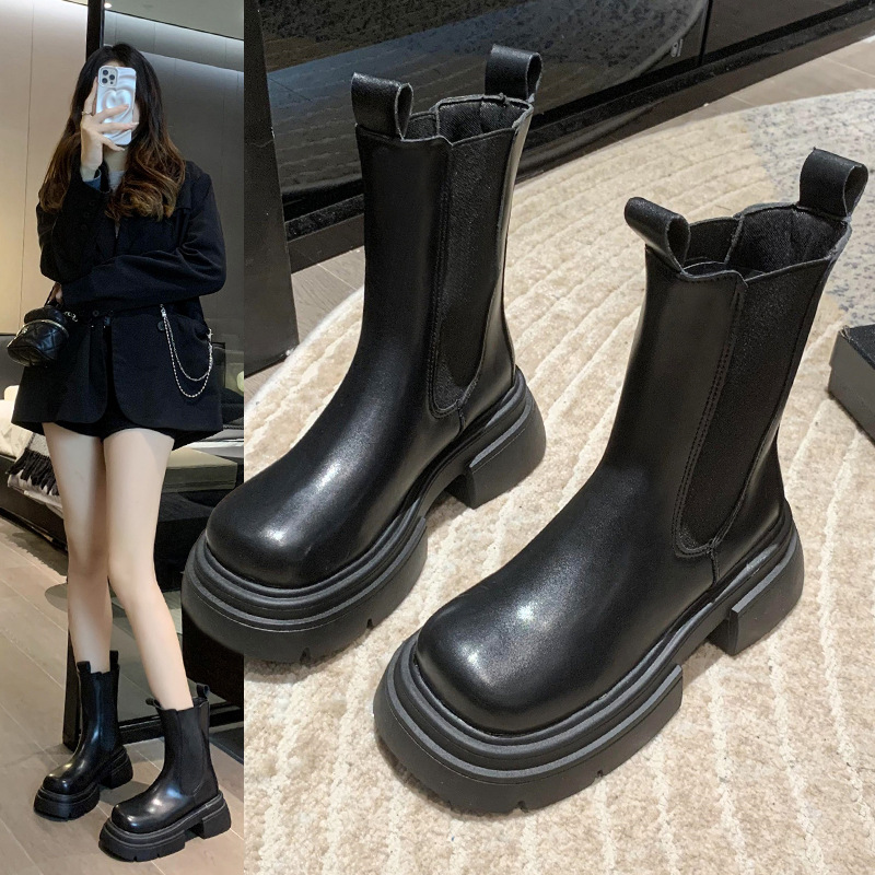 Women's Thick-soled Martin 2025 Autumn New Style, Fleece-lined Chimney Boo, Japanese-style Mid-calf Single_voghion.com