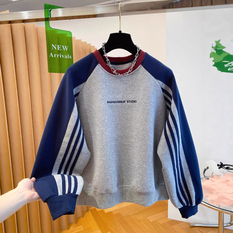 Extra Large Size 150kg American Sports Style Three-Stripe Splicing Sweatshirt for Women in Autumn and Winter New Loose Trendyy Tops