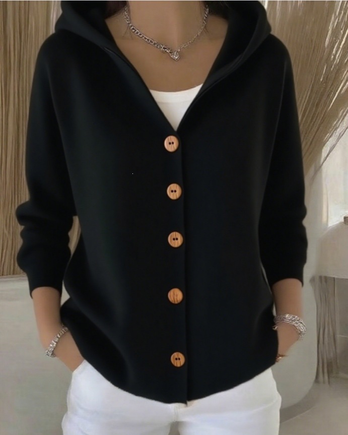 2025 Europa y los Estados Unidos botones de punto con capuchón suéter cardigan nuevo otoño y invierno transfronterizo de color sólido casual moda de mujer