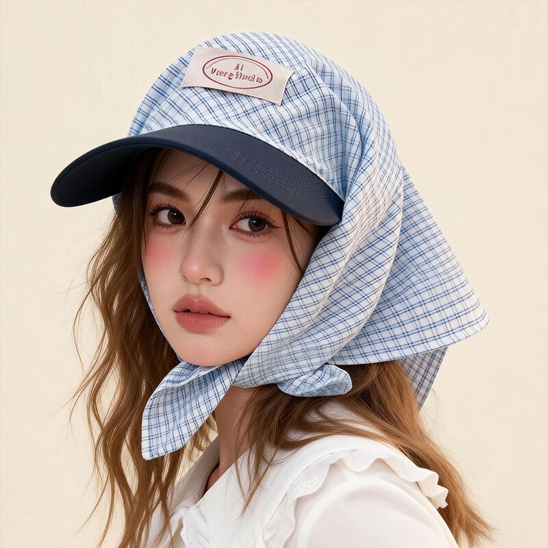 Korean-Style Plaid Letter Patch Headscarf Baseball Cap for Women, Summer Tie-Back Face-Covering Sunshade Triangle Scarf Headwrap Trendy Hat