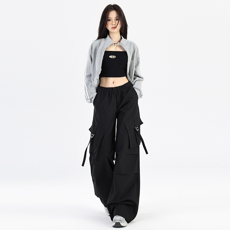 黑色多口袋工装裤女2025年秋季新款高腰宽松直筒松紧腰阔腿休闲裤|undefined