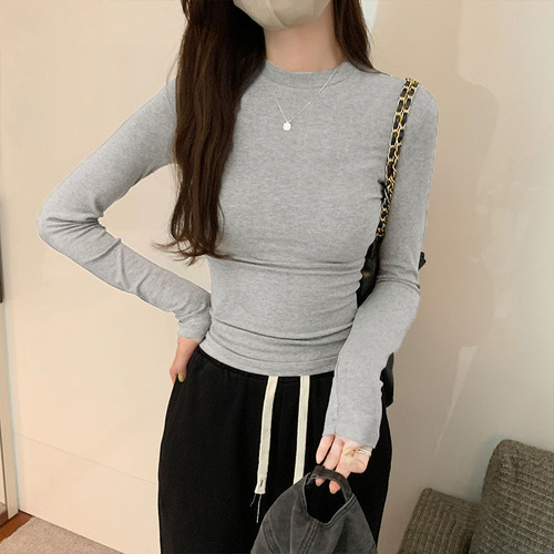 Basic Fit Slimming Long-Sleeve T-Shirt for Women - Autumn/Winter 2025 New Arrival, Versatile White Base Layer with Semi-High Collar Top for Women
