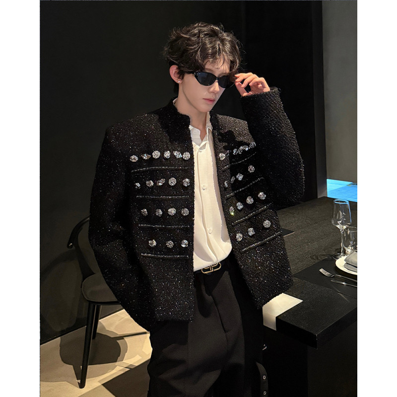 Heavy-duty rhinestone tweed jacket in Chanel style for men, with sparkling sequins, stand-up collar, light luxury suit jacket for banquets and parties