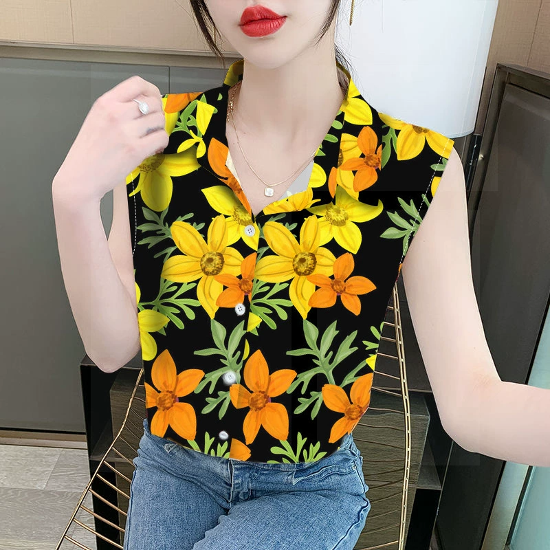 Женская свободная шифоновая блузка без рукавов с принтом на лацканах, с воротником поло, закрывающая живот, для трансграничной торговли