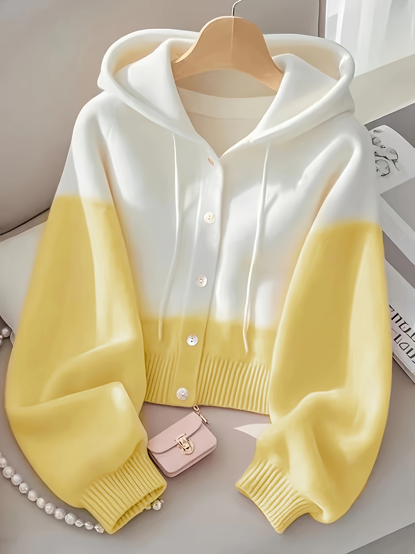 Fuchsia knitted sweater with hood, high-quality style 5