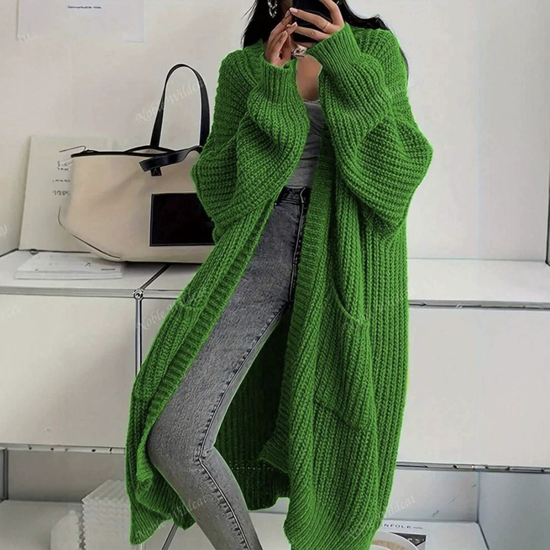 European and American style long, knee-length sweater cardigan for women, new autumn/winter collection, loose and comfortable, thick knit outerwear, trendy European and American style long, knee-length sweater cardigan for women, new autumn/winter collection, loose and comfortable, thick knit outerwear, trendy
