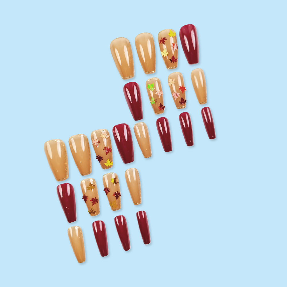 Otoño de color contrapeso oro de hoja de arce manicura comercio exterior polvo de brillo delicado para usar 24 piezas de parche de uñas falsas