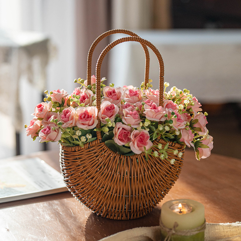 Handmade Straw Flower Basket Portable Woven Basket Pastoral Style Living Room Decorative Ornaments Flower-arranging Basket Artificial Flower suit
