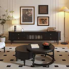 中古风黑色高款电视机柜茶几法式复古电视柜客厅实木家用美式地柜