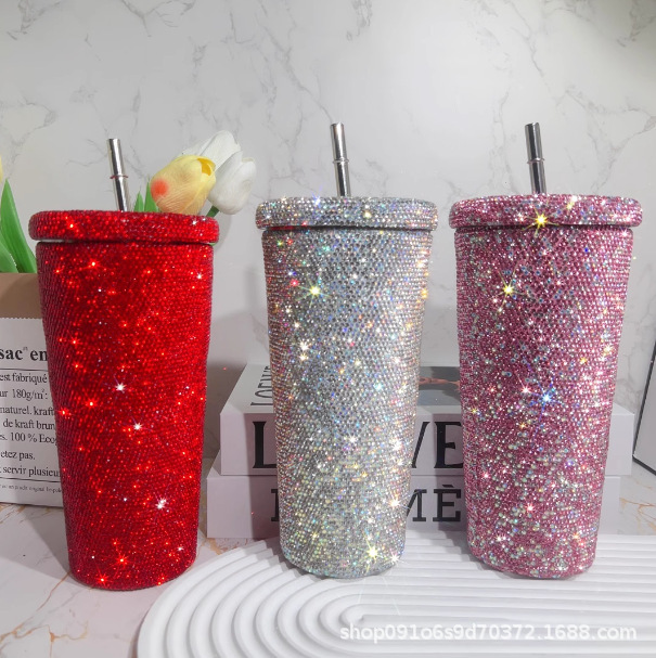 Cross-Border Foreign Trade Diamond-Studded Straw Coffee Cup for Women Luxury Rhinestone Stainless Steel Large-Capacity Beverage Cup Gift