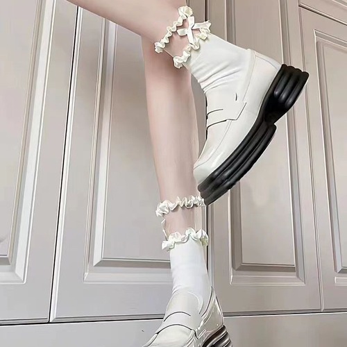 Japanese-style cute white lace edge socks for girls, summer bowknot pile socks, mid-calf Lolita breathable socks