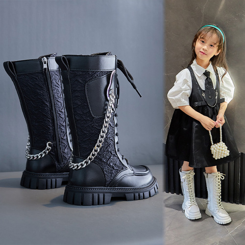 Korean version of autumn and winter children's shoes, waterproof, non-slip, fashionable mid-high boots, children's single boots, parent-child chain princess leather boots