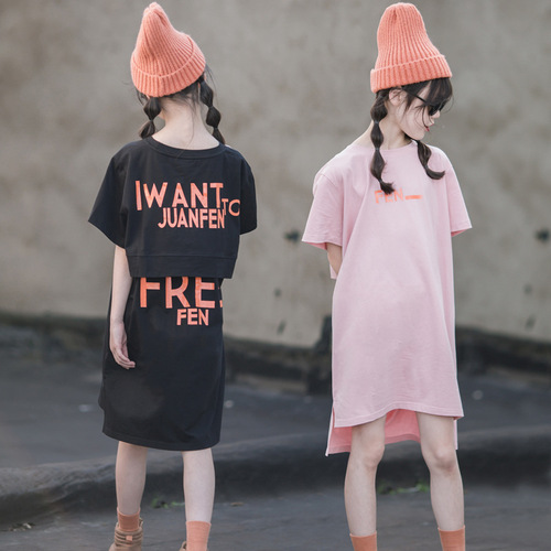 Girls T-shirt dress summer 2024 new style Korean style trendy casual loose short-sleeved front short back long dress