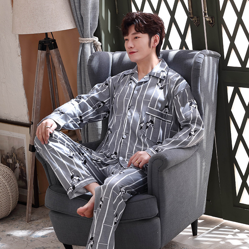 Pijamas de manga larga de los hombres de primavera y otoño de algodón cardigan casual Plaid elegante de los hombres desgaste del hogar de Otoño de algodón más traje de tamaño