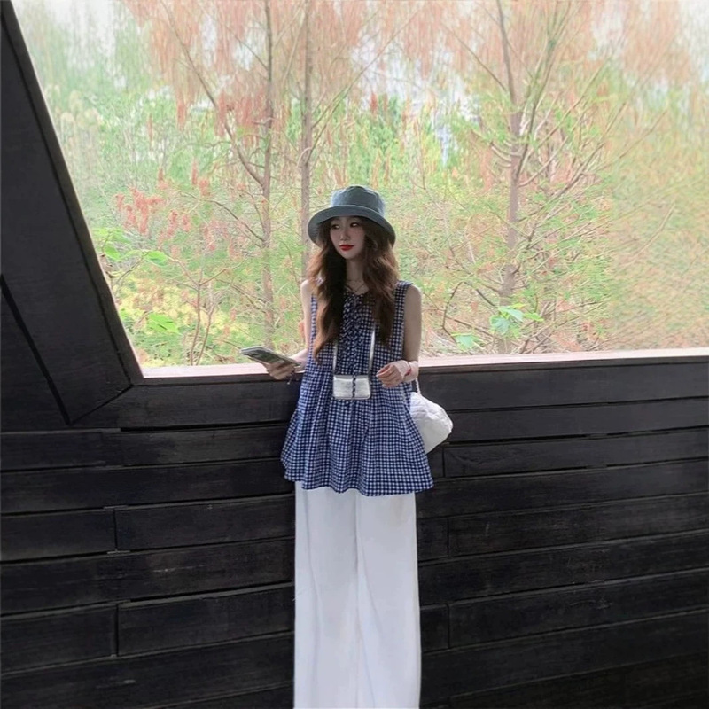 Korean-Style Blue Plaid Lace-Up Sleeveless Vest for Women, Summer Design, Versatile Off-Shoulder Babydoll Top for Outerwear Korean-Style Blue Plaid Lace-Up Sleeveless Vest for Women, Summer Design, Versatile Off-Shoulder Babydoll Top for Outerwear
