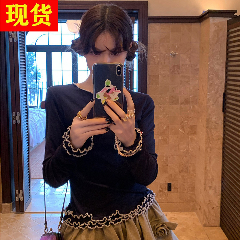 Zhou Meimei Autumn Letter Tencel Wool Ruffled Lace Embroidered Knitted Long Sleeve Top