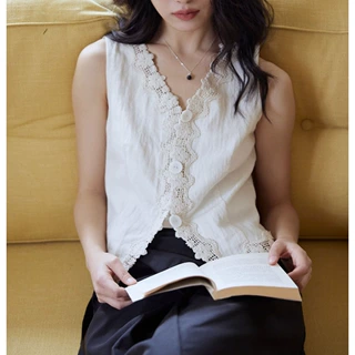 法式杏色蕾丝花边v领背心女夏设计感马甲无袖褶皱肌理上衣2026女