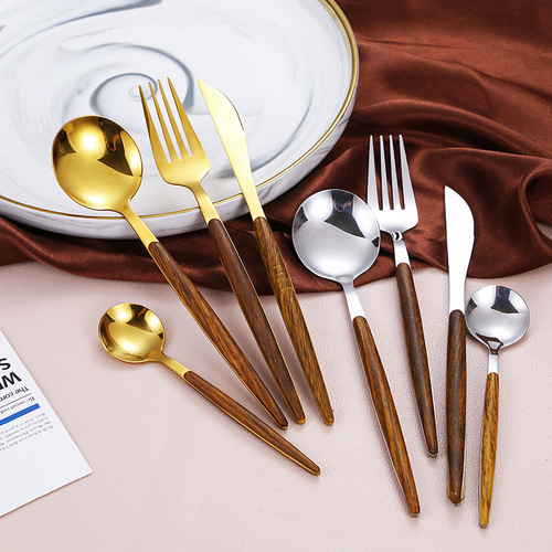 Amazon Imitation Wooden Handle Stainless Steel Steak Knife and Fork Retro Portuguese Western Food Tableware Set Dessert Spoon and Fork