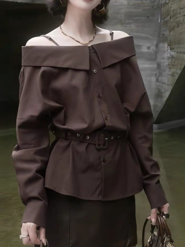 French Style Dark Brown One-Shoulder Top for Women, New Autumn Style, Fashionable and Chic Waist-Cinching Shirt