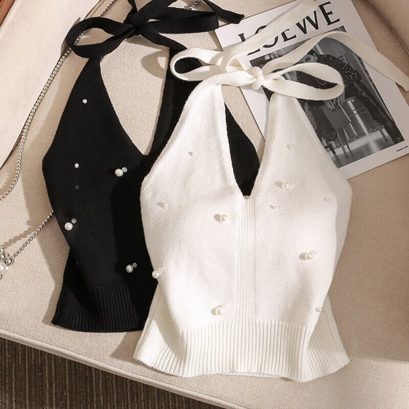Hot Girl Slim-Fit Beaded Halter Neck Camisole with Unique Tie-Up Design, Sleeveless Pure Desire Style Base Top