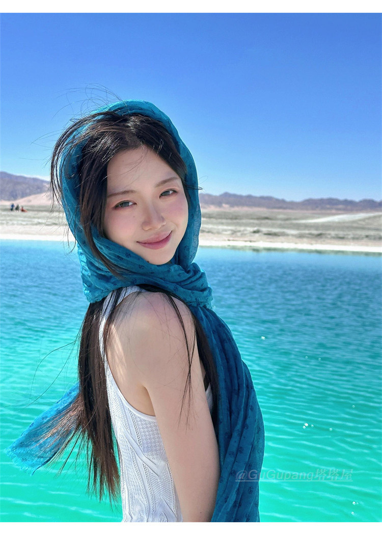 Hijab de seda y chal de algodón y lino para mujer azul lago_voghion.com