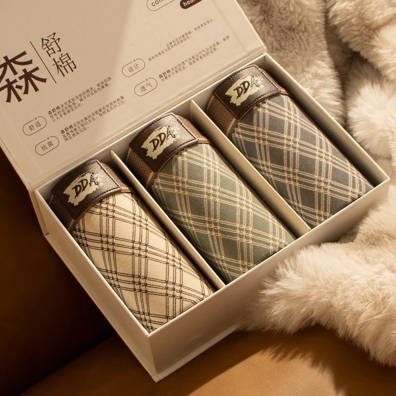 New retro plaid men's underwear, comfortable cotton, breathable, fashionable, oversized fit, mid-rise, boxer briefs