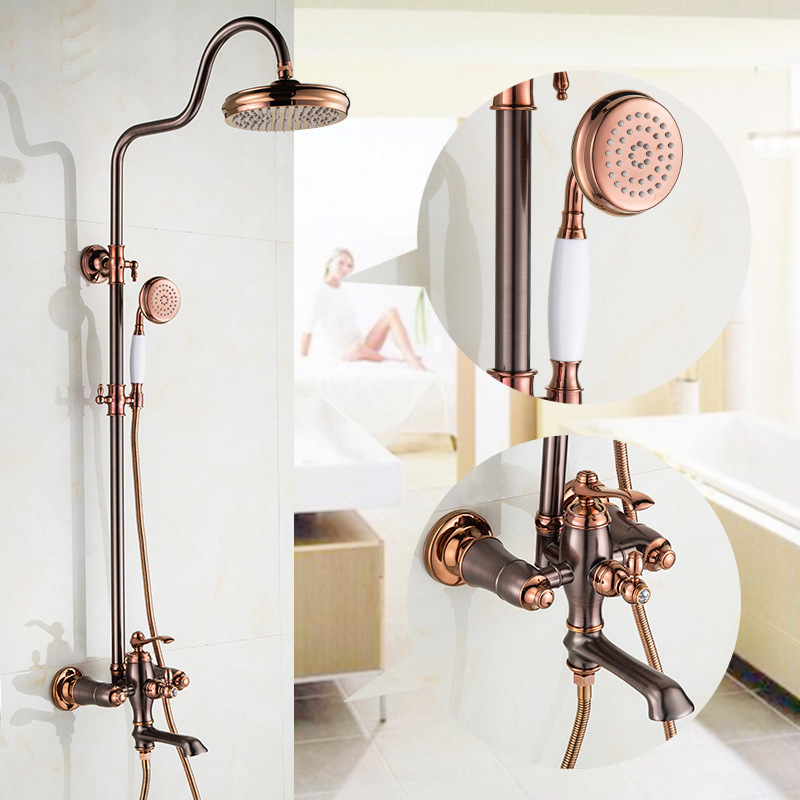 All copper rose gold brown bronze shower shower European retro American shower suit faucet with lifting