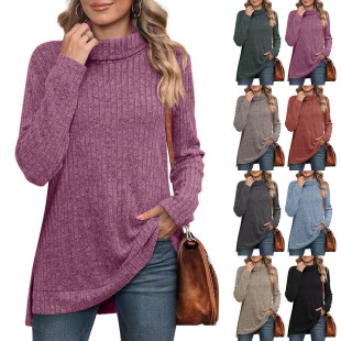 Amazon 2023 Europe and the United States cross-border foreign trade new autumn and winter solid color high collar split pit loose T-shirt jacket women