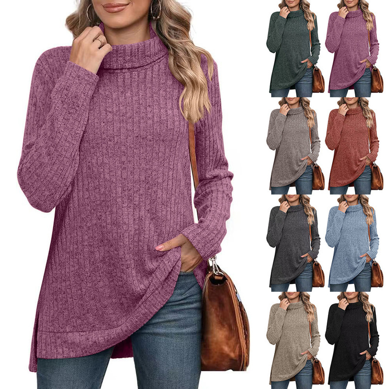 Amazon 2023 European and American Cross-Border New Autumn and Winter Solid Color High-Neck Slit Ribbed Loose T-Shirt Top for Women
