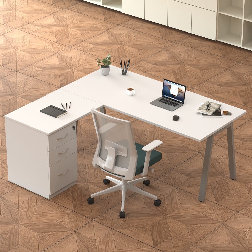Mesa de oficina simple y moderna en forma de L con cajón 1 persona mesa de gerente de oficina de una sola persona mesa de jefe de pies de acero
