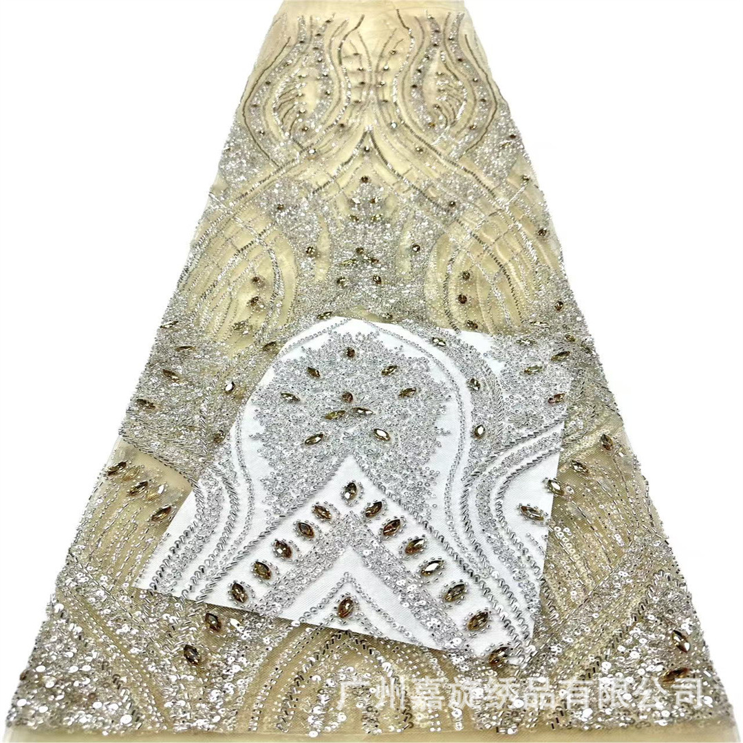 Tela de malla de alta gama adornada con pedrería, lentejuelas y bordados con cuentas para vestidos de mujer, vestidos de novia y materiales de encaje. image 4