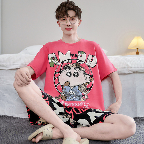 Men's Cotton Short-Sleeve Summer Thin Cartoon Student Summer Plus-Size Teenager 100% Cotton Homecoming Suit Set