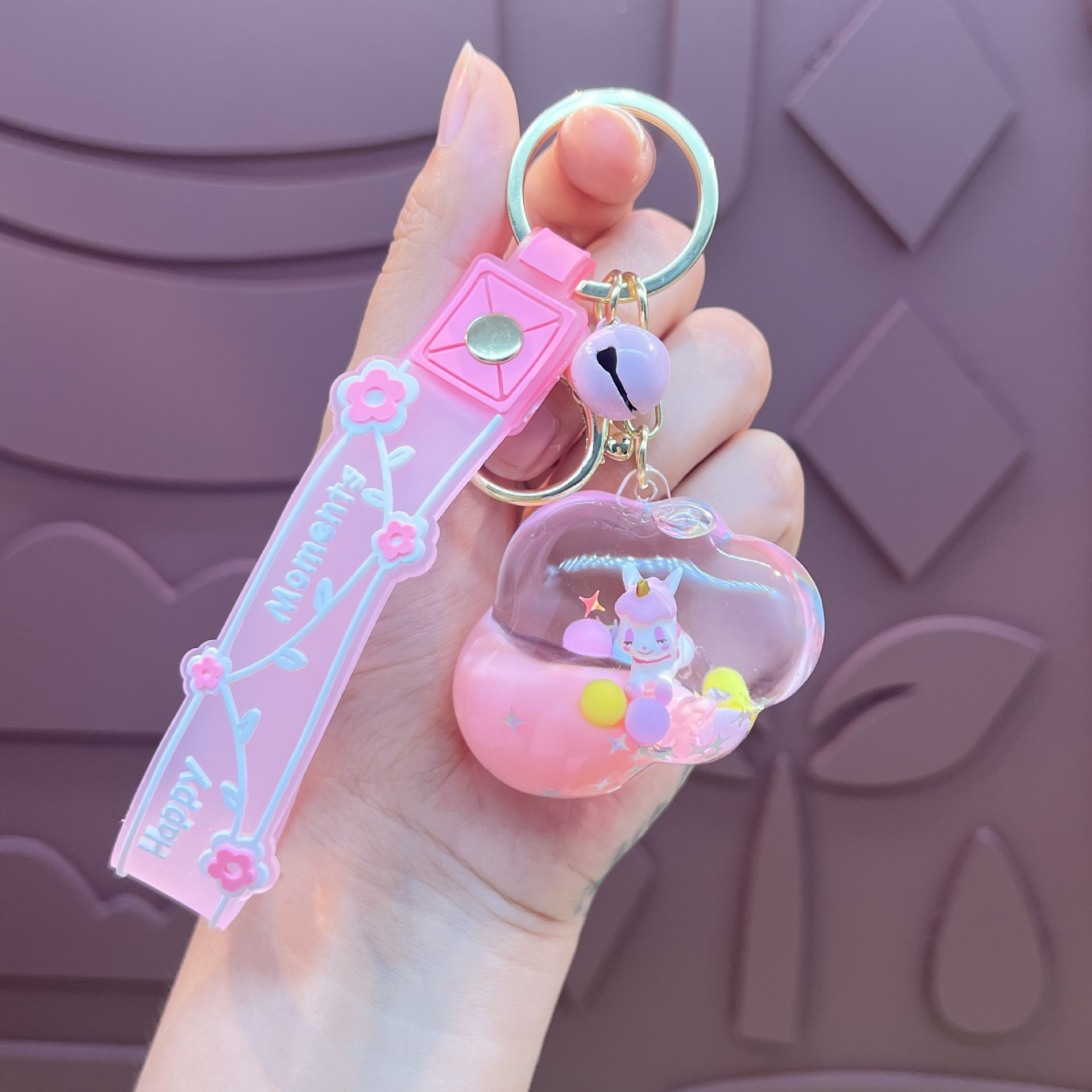 Púrpura estrella de cinco puntas líquido Quicksand llavero chica corazón flor de cerezo aceite colgante lindo tridimensional mochila adornos para mujeres