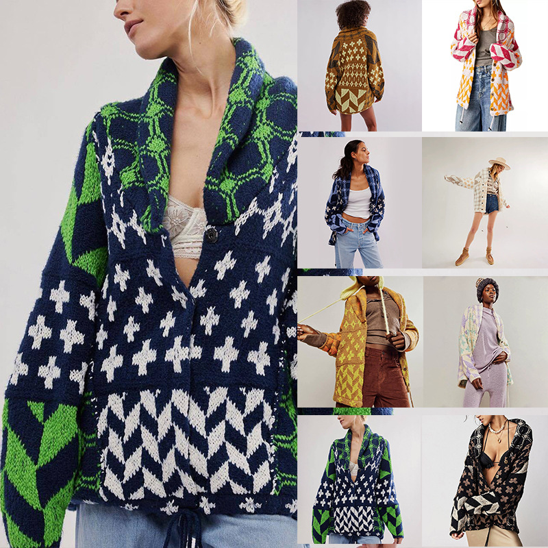 欧美2024秋冬新品针织衫 Y2K抽象印花翻领宽松长袖女装连衣裙