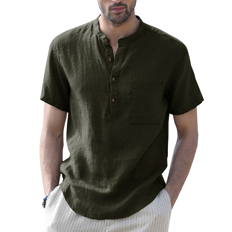 Cross-Border Men's Henry shirt foreign trade solid color pocket short sleeve shirt Amazon Europe and the United States men's cotton and linen shirt wholesale