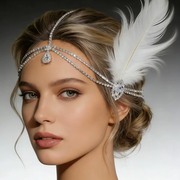 Cross-Border Hot-Selling Retro Gatsby Feather Headpiece 1920S Luxurious Rhinestone Hair Chain Fashionable Prom Party Hair Accessory
