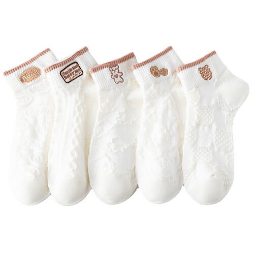 Socks for women summer thin women's pure cotton white ins embroidered bear boat socks low cut white women's socks wholesale