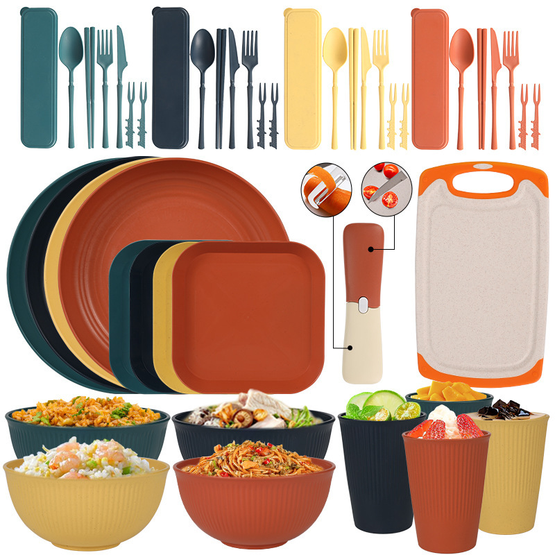 Cross-border source of wheat straw dishes cups tableware outdoor suit cutting board melon planer knife portable tableware suit