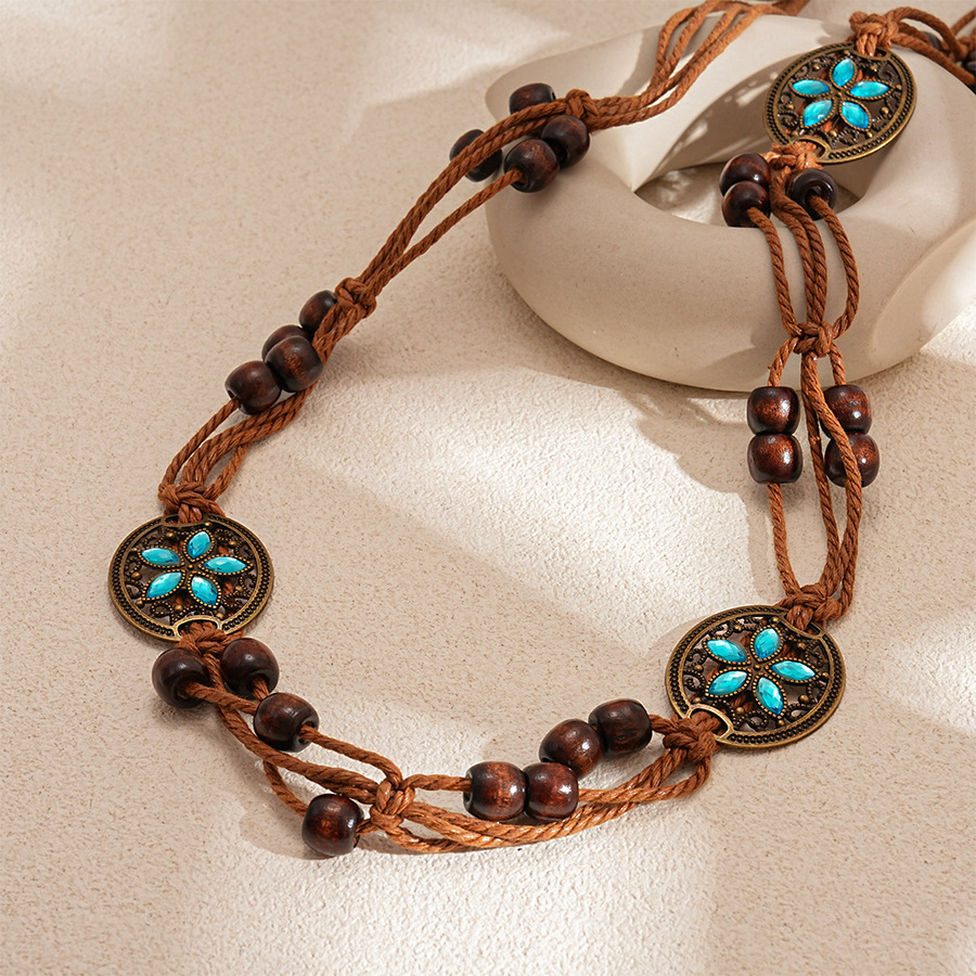 Estilo étnico retro, diamante, cuerda de cáñamo, cuentas de madera, cadena de cintura tejida redonda, personalidad, temperamento de nicho, cinturón de alta gama, mujer
