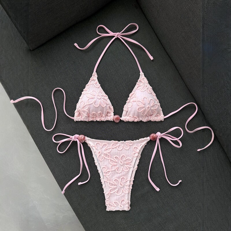 2026 New Pink Lace Bikini Women's Triangle Cup Halter Strap Swimsuit Set Sexy Beach Vacation Swimwear