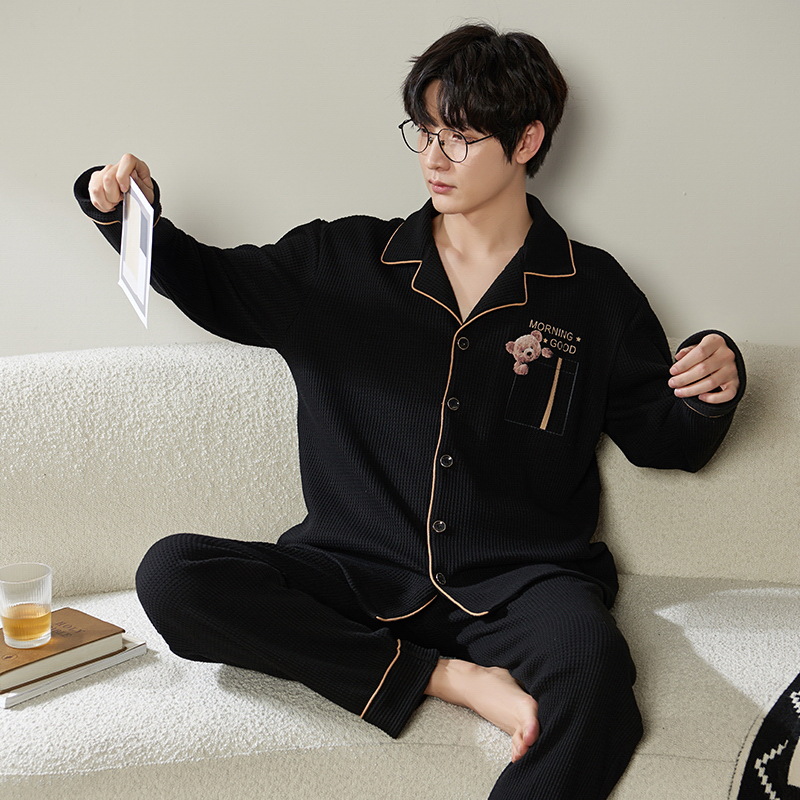 Pijamas de hombre Primavera y otoño solapa de manga larga Cardigan Youth algodón más tamaño suelto traje de uso doméstico se puede usar fuera