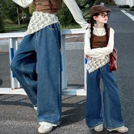 女童屁帘裤子春秋新款儿童牛仔裤女孩阔腿裤中大童韩版直筒裤