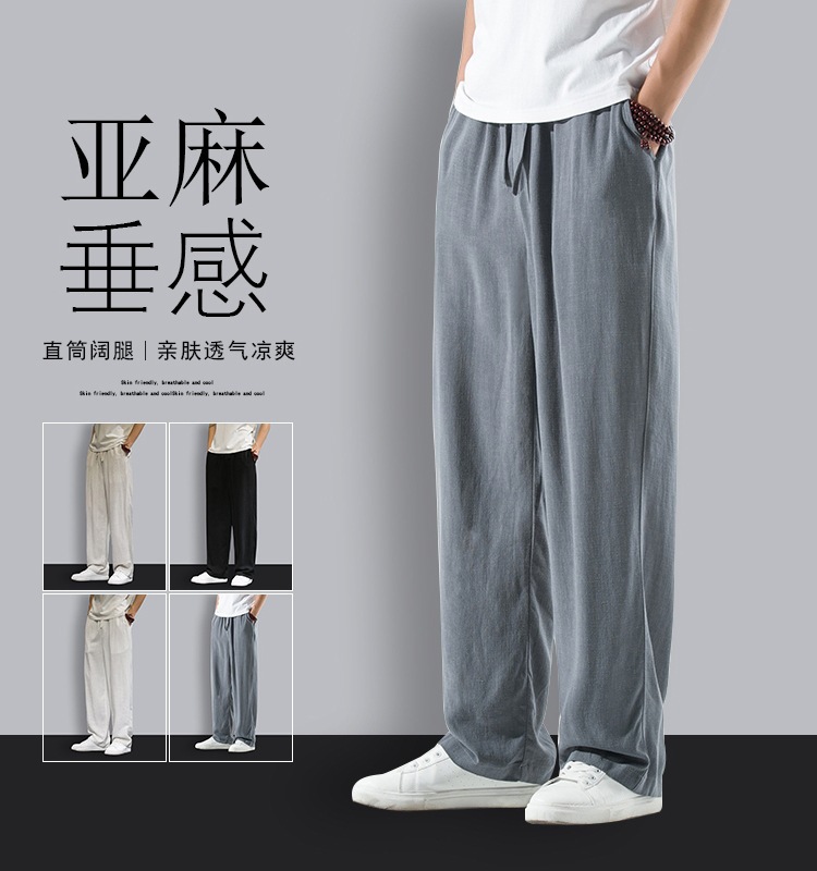 Pantalones de hombre de lino ligero y transpirable de estilo chino, pantalones de pierna recta sueltos de lino de verano, pantalones casuales de algodón y lino, pantalones anchos